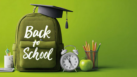 Back to school concept with green backpack, alarm clock and stationery on green background