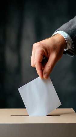 Male hand putting voting paper into a ballot box. Election concept.