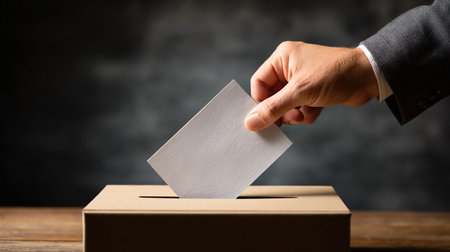 Voting concept. Ballot box with male hand on dark background