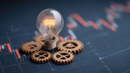 Light bulb and gear on chart background. Business and idea concept. 3D Renderingの写真素材