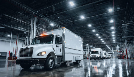 Truck in the warehouse. Industrial background, transportation and logistics concept