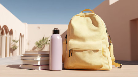 School backpack and a bottle of water on the table. 3d rendering