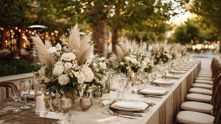 Wedding table decorated with white flowers, candles and plates.