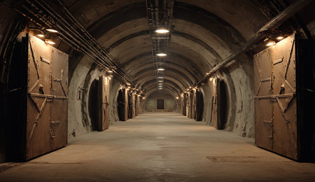 Interior of a dark underground tunnel with wooden doors and lights.の写真素材