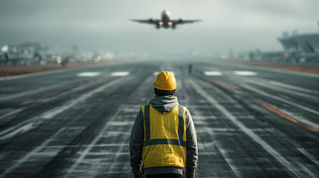Airport worker standing on the runway with an airplane in the background