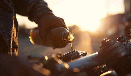 Car mechanic pouring oil on a motorbike at sunset, closeupの写真素材