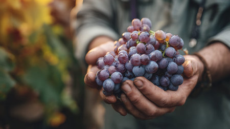 Grapes in the hands of a farmer in the vineyard