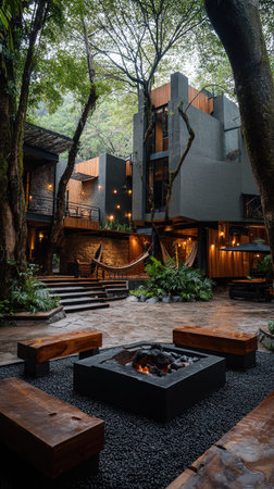Hotel terrace in the middle of the forest with wooden furniture