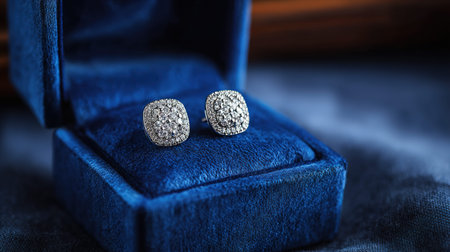 Jewelry diamond earrings in blue velvet box on blue background