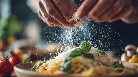 Closeup of male hands sprinkling flour over italian pasta.