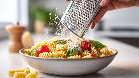Pasta with cherry tomatoes and grated parmesan cheese.の写真素材