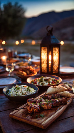 Traditional meal with grilled meat and rice on wooden table