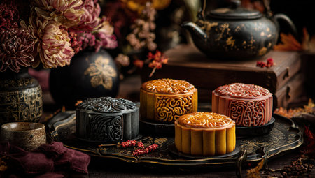 Moon cakes for Mid Autumn Festival on vintage background.Vintage style.の写真素材