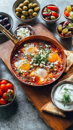 Shakshuka with fried eggs, feta cheese and olives in frying panの写真素材