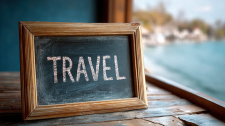 Travel text on vintage chalkboard in front of window. Travel conceptの写真素材