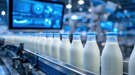 Milk bottles on a conveyor belt in a modern dairy factoryの写真素材