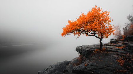 Autumn landscape with a lonely tree on the rocks in the fog