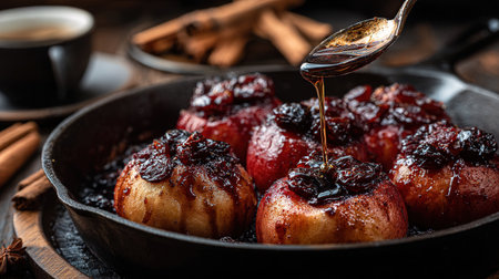 Baked apples with cranberry sauce and cinnamon on a wooden tableの写真素材