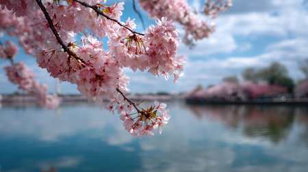 Cherry blossoms in full bloom at Cherry Blossom Festival in Washington DCの写真素材