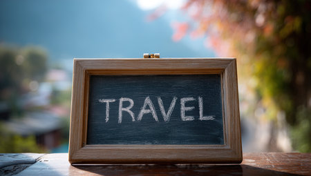 Travel written on chalkboard with blurred nature background, travel concept.の写真素材