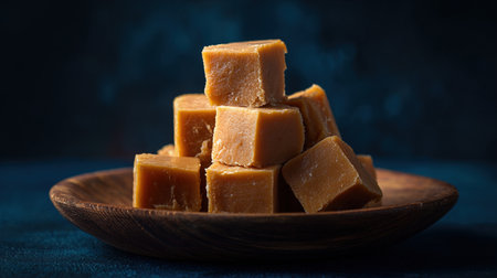 Caramel cubes in wooden bowl on blue background, selective focus.の写真素材