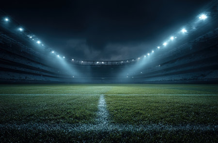 lights at night and empty soccer stadium with green grass, 3d renderの写真素材