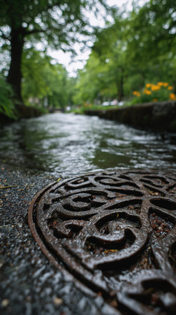Rainy day in the city park. Shallow depth of field.の写真素材