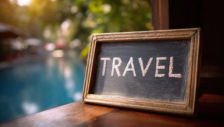Travel word on chalkboard with pool background, vintage color tone.の写真素材
