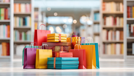 Shopping bags and gift boxes in the library. 3d renderingの写真素材