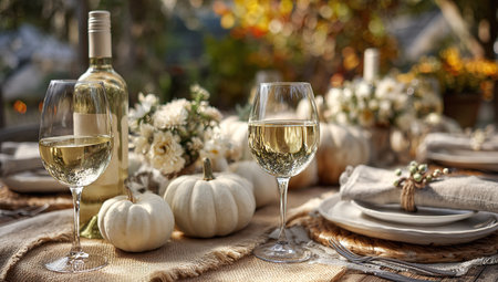 Autumn table setting with white wine and pumpkins in a gardenの写真素材