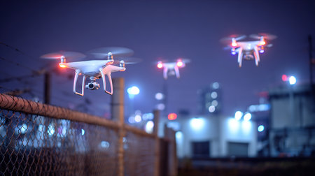 Drone with digital camera flying over the city at night. 3d renderingの写真素材