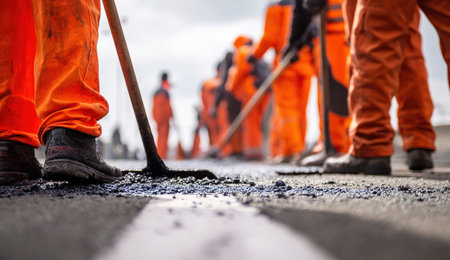 Workers clean the road with a special brush. Asphalt coating.