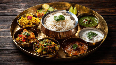 Assorted Maharashtrian dishes in copper bowl