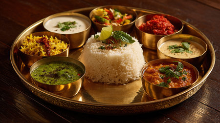 Rice with Assorted Assorted Indian dishes including Paneer Butter Masala, Dal Makhani, Palak Paneer