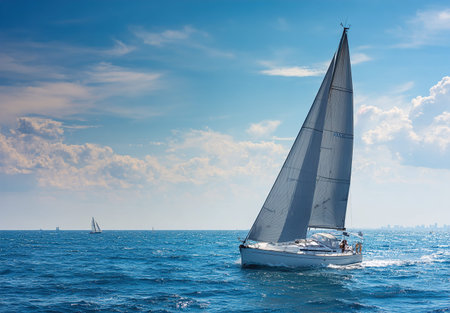 Sailing yacht in the sea on a background of blue sky with clouds