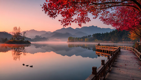 Autumn landscape with lake and mountain at sunrise, Hangzhou, China