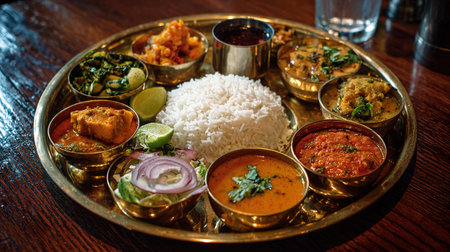 Variety of Indian dishes served on a tray in a restaurant.の写真素材