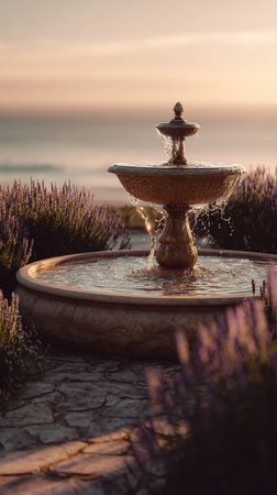 Vintage fountain in the lavender garden at sunset. Selective focus.の写真素材