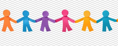 Group of colorful paper people holding hands isolated on transparent background. Vector illustrationの写真素材