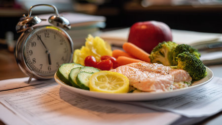 Healthy lunch with salmon and vegetables on wooden tableの写真素材