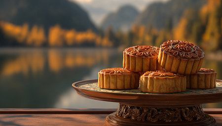 Moon cakes on the table in front of beautiful mountain landscape and lakeの写真素材