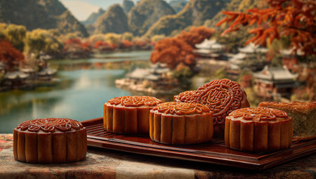 Moon cake on wooden plate with mountain background, Chinese mid autumn festival foodの写真素材