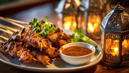 Skewers of chicken on a wooden board with spicy sauceの写真素材