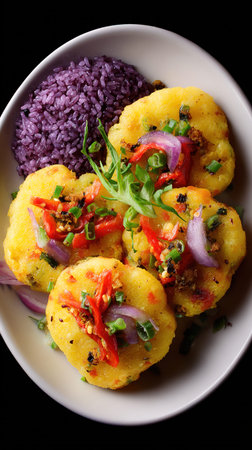 Rice balls with chilli and curry sauce in a bowl.