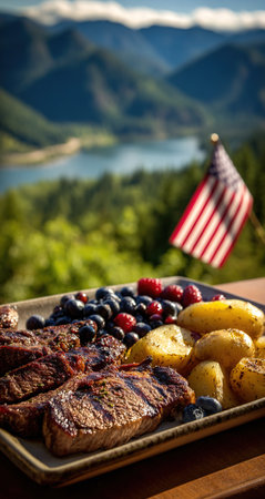 Grilled steak with potatoes and berriesの写真素材