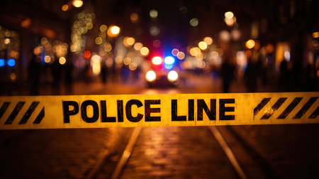 Police line in the city at night. Focus on police line.の写真素材