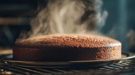 Closeup of a freshly baked chocolate cake on a metal tray.の写真素材