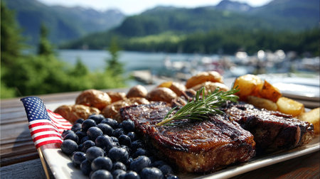 Grilled beef steak with blueberries and potatoes on a wooden tableの写真素材