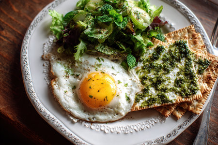 Fried egg with green pesto sauce, salad and crackers