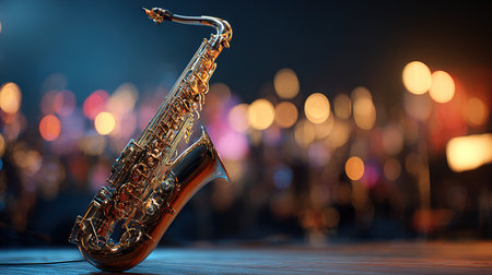 Golden saxophone on a dark background with bokeh effect.の写真素材